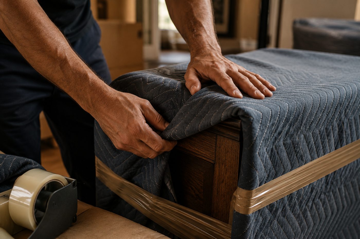 Hands wrapping a piece of furniture in moving blankets