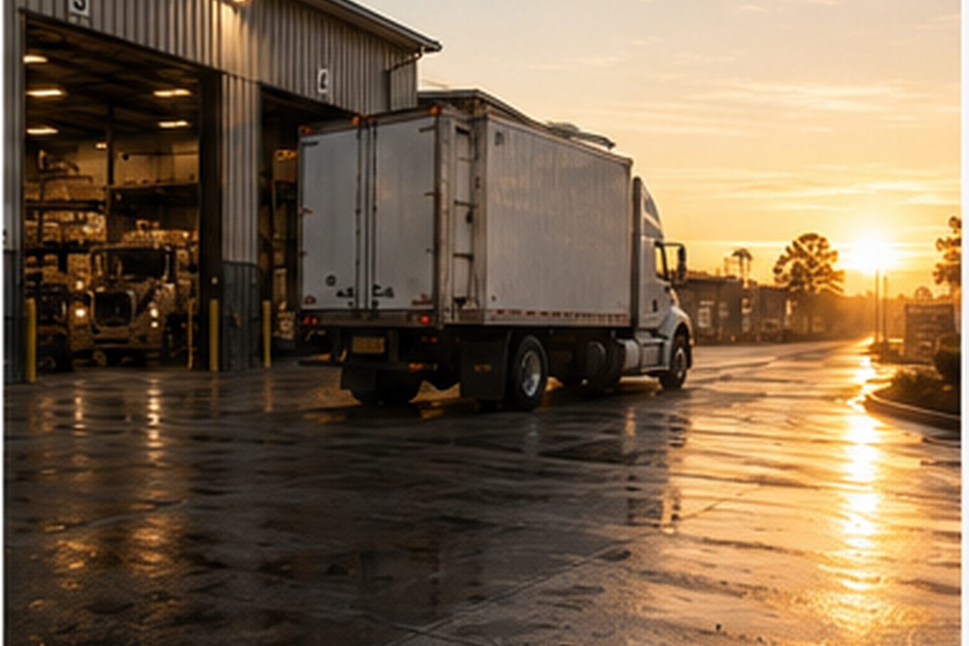 A Move Caddy truck at the warehouse loading dock, driver walking away in the golden hour