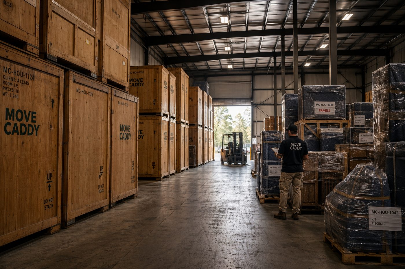 The Move Caddy warehouse floor, wrapped shipments in bays