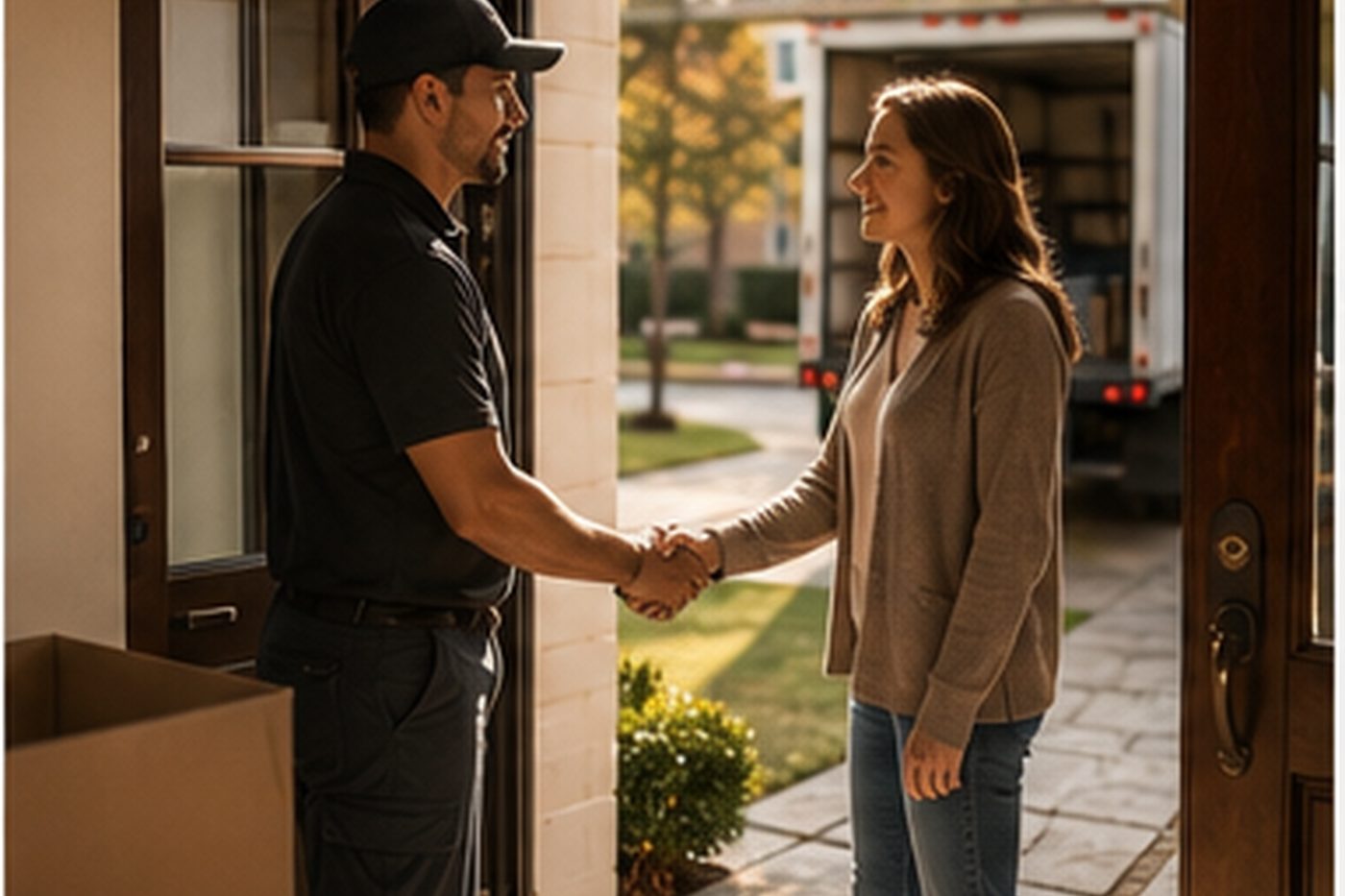 A customer at the front door with a mug, watching the Move Caddy truck outside