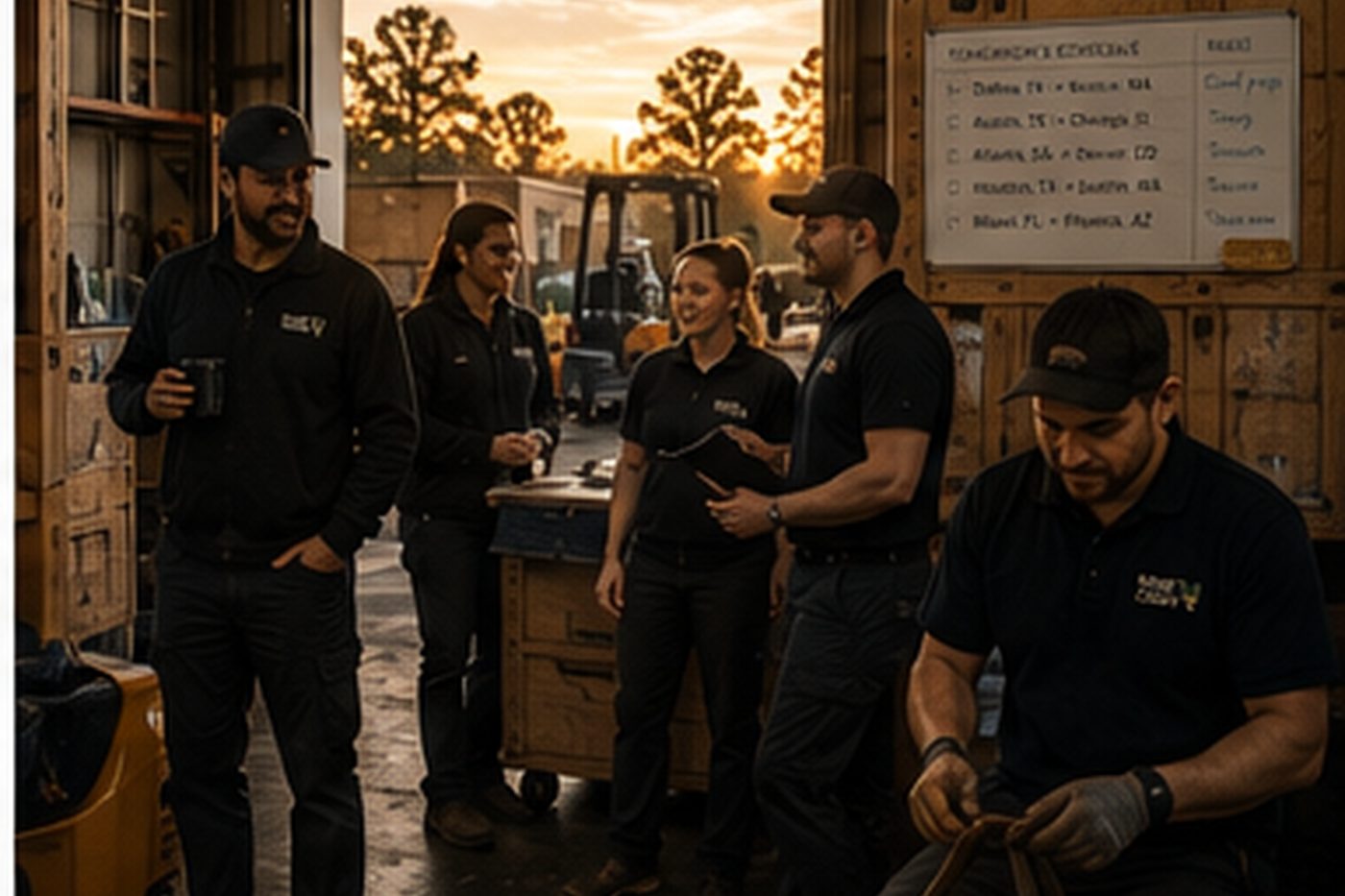 A Move Caddy crew reviewing tomorrow's schedule at the warehouse dock at sunset