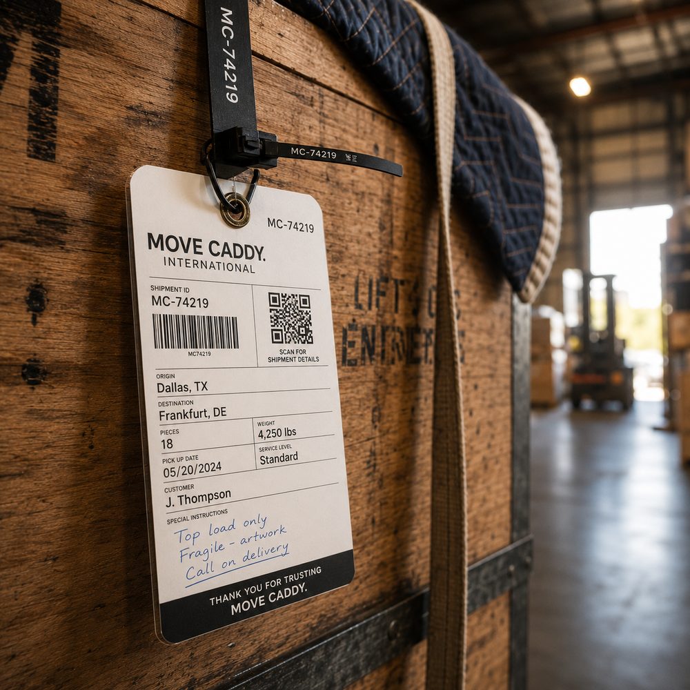 A shipment tag with a handwritten note