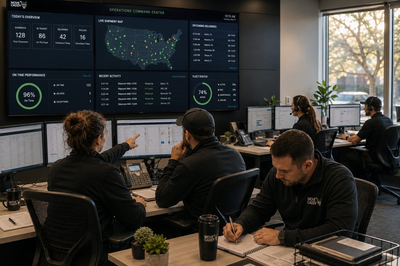 The Move Caddy Operations Command Center — live shipment map, on-time performance dashboard, and coordinator workstations
